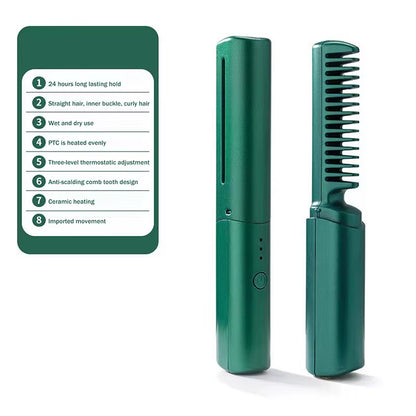 Straight Hair Comb Electric Hot Comb 2 in 1 Upgrade Version Wireless Hair Straightener and Curler USB Charging