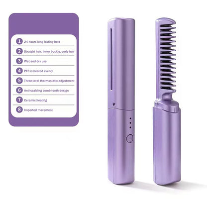 Straight Hair Comb Electric Hot Comb 2 in 1 Upgrade Version Wireless Hair Straightener and Curler USB Charging